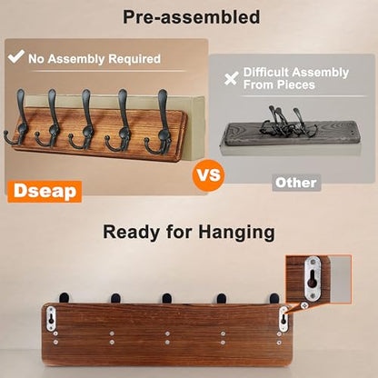 Dseap Coat Rack Wall Mount - Heavy-Duty Robust Rustic Wooden Wall Coat Hanger Hook Rail with 5 Triple Hooks for Winter Coats Hat Jacket Clothing, Light Brown & Black, Pack of 2 - color: Light Brown & Black, size: L=17.4"