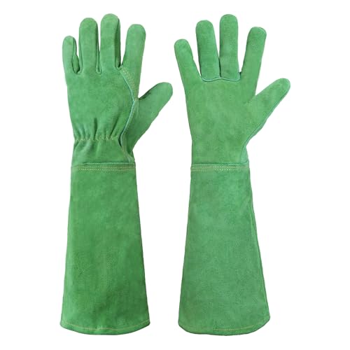 HANDLANDY Leather Gardening Gloves, Thorn Proof Long Gauntlet Heavy Duty Garden Gloves, Elbow Length Rose Pruning Weeding Yard Glove (Small, Green) - color: Green, size: Small (Pack of 1)