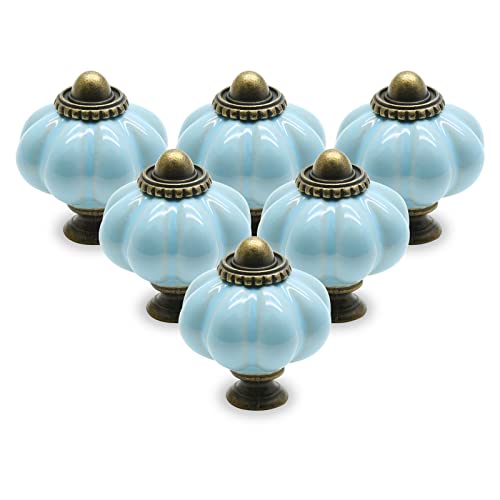 12pcs Baby Blue Pumpkin Knobs, Vintage Ceramic Cabinet Pulls, Dresser Handles With Mounting Screws for Drawers and Doors - color: Baby Blue, size: 12 Pieces