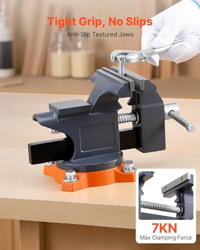 VEVOR Bench Vise, 4.5 Inch, Portable Workbench Vice with 270° Swivel Base, Quick Release Rotating Bench Clamp, Cast Iron Construction, for Woodworking, Metalworking, Drilling, Sawing, Cutting Conduit - size: 4.5inch