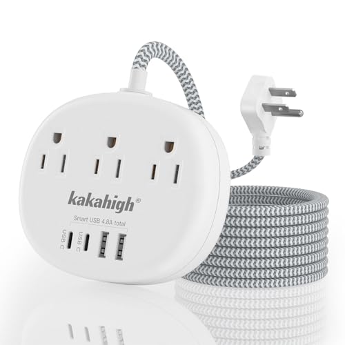 White Extension Cord - Braided Extension Cord 10 Feet, 13 Amp (1625W) Power Strip with 3 AC Outlet 4 USB (24W/4.8A), College Dorm Room Essentials, White - color: white, size: 10ft