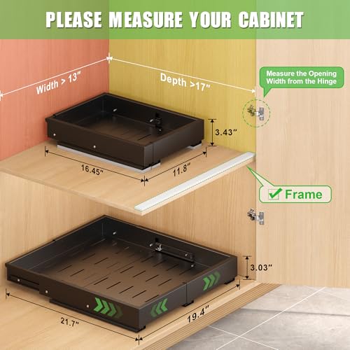 1 Pcs Pull Out Drawers for Cabinets Organizer Expandable Width(11.8"-19.4"), Depth(16.45"-21.7") With 3 Rails, No Drill Roll Out Drawer, Adhesive Sliding Drawers (Black) - color: Black