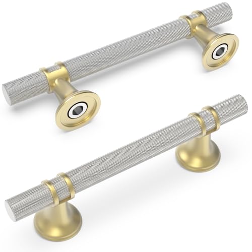 10 Pack 3-3/4 Inch Cabinet Pulls knurled Brushed Satin Nickel and Brushed Gold Kitchen Cabinet Handles Aluminum and Zinc Alloy Drawer Pulls Solid Cabinet Hardware - color: Nickel and Gold Knurled, size: 3-3/4'' Hole Center(96mm)