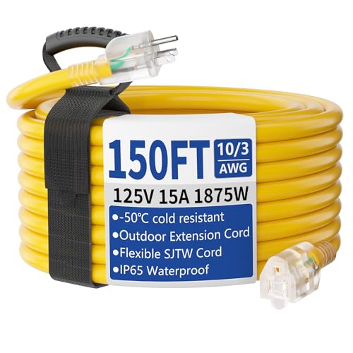 150ft Outdoor/Indoor Extension Cord with Lighted 10/3 Gauge Ultra 3 Prong Heavy Duty SJTW, Waterproof, Flexible Cold-Resistant,15A 125V 1875W, Yellow - size: 150FT