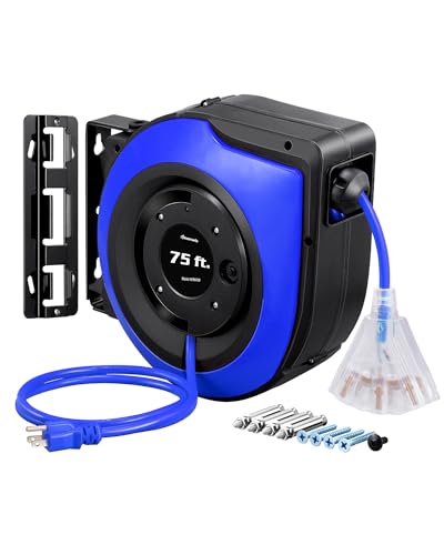 DEWENWILS Retractable Extension Cord Reel, 75 FT Heavy Duty Power Cord, 14/3C SJTOW Retractable Cord Reel, Lighted Triple Outlets, 10A Circuit Breaker, Wall/Ceiling Mount, UL Listed, Blue - color: Blue