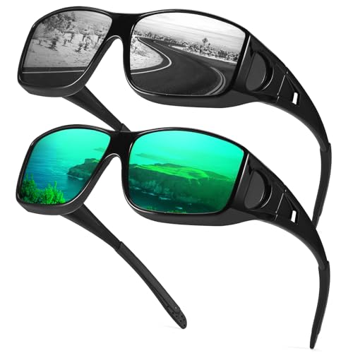 Myiaur Polarized Fit Over Glasses Sunglasses for Men Women, Trendy Wrap Around Sunglasses UV Protection for Driving (2 Pack) - color: A12(2 Pack) Black+bright Black/Green Lens