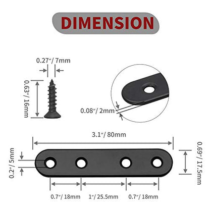 Jiozermi 12 Pcs Straight Brace, Flat Brace 3.15” x 0.69”, Stainless Steel Straight Bracket, Mending Joining Plates for Wood, Board, Bed Frame, Furniture & Shelves, Matte Black - size: Black, 3.15” x 0.69”, 12 Pcs
