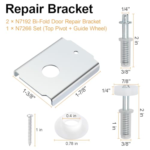 Bifold Door Repair Kit for 1-3/8 in Wood Doors, Includes N7192 Bi-Fold Door Repair Bracket & N7266 Top Pivot with Guide Wheel, Folding Closet Door Hardware Replacement