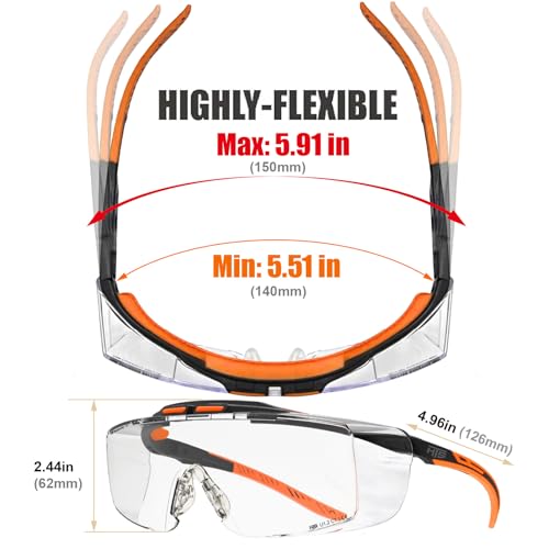 HTS HUNTERSKY ANSI Z87.1+ Anti Fog Lab Safety Glasses Fit Over Eyeglasses Up to 1.88 inch 100% UV Protective OTG Goggles - color: 3906c Black-orange / Clear Lens
