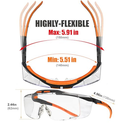 HTS HUNTERSKY ANSI Z87.1+ Anti Fog Lab Safety Glasses Fit Over Eyeglasses Up to 1.88 inch 100% UV Protective OTG Goggles - color: 3906c Black-orange / Clear Lens