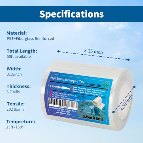 RV Awning Repair Tape, Tent, Waterproof Tarp, Car Cover, Boat Covers, Sail Tape, Outdoor Umbrella Fiber Glass Repair Tape 3.15in - style: 50ft