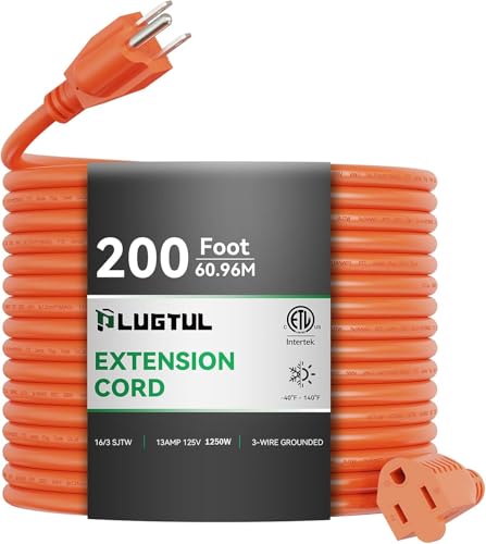 Outdoor Extension Cord 200 FT Waterproof, 16/3 Gauge Heavy Duty 3 Prong Extension Cord, 10A 1250W SJTW, ETL Listed, Great for Garden and Home, Orange - size: 200FT