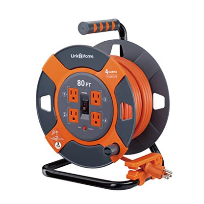Link2Home Cord Reel 80 ft. Extension Cord 4 Power Outlets – 14 AWG SJTW Cable. Heavy Duty High Visibility Power Cord. - size: 80 ft