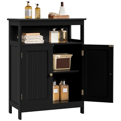 Yaheetech Bathroom Storage Cabinet, Wooden Free Standing Storage Organizer with 2 Doors & 1 Open Compartment, Adjustable Shelf,Floor Cabinet for Bathroom, Living Room, Hallway, Black - color: Black, size: 24″ L × 12″ W × 31.5″ H