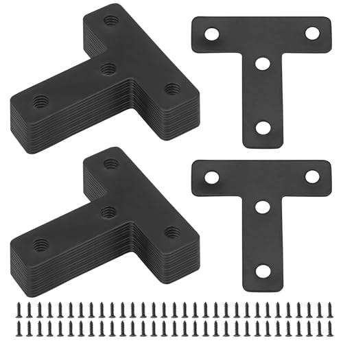 Zorfeter 20 Pcs Black T-Shape Corner Brackets, 50x50 mm/ 2"x2" T Flat Corner Brace Fixing Repair Plates for Shelves & Furniture, with Screws - size: 50x50mm/ 2"x2", style: T-Shape (Black)