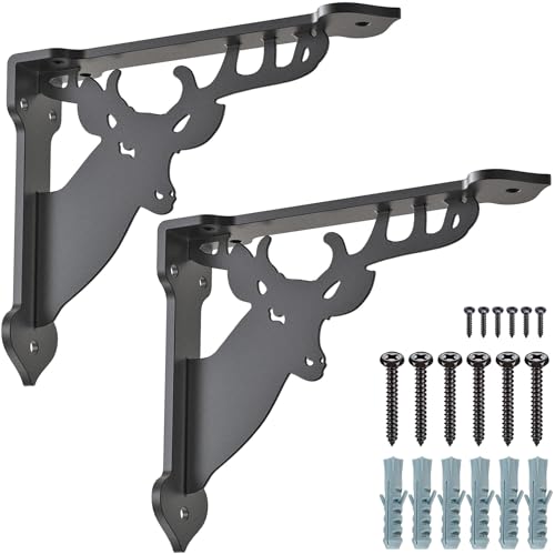 SELEWARE Heavy Duty Shelf Brackets 8 Inch, Deer Shelves Brackets, 300LB Capacity Decorative Metal L Brackets for Floating Shelves, Black Rustic Wall Mount Shelving Bracket with Screws, 2 Pack - size: 8 Inch, style: Deer-2 pack