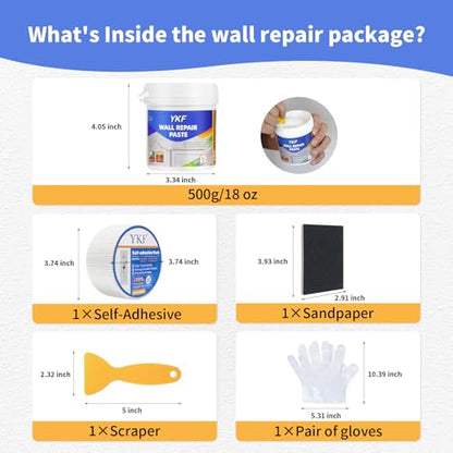 YKF Drywall Repair Kit (18 oz) - Spackle Paste with Scraper & Self-Adhesive Mesh - Quick Dry Waterproof Wall Repair for Holes, Cracks, Nail Holes, Dents - White - style: 18 oz Kit (with Scraper & Mesh Tape)