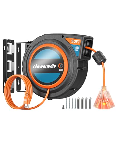 DEWENWILS Extension Cord Reel with Twist-lock Stopper, Power Retractable Cord Reel, Lightweight and Portable, Brighter Triple Tap Outlet, for Home Maintenance, Garages, Workshops, Orange - color: Orange