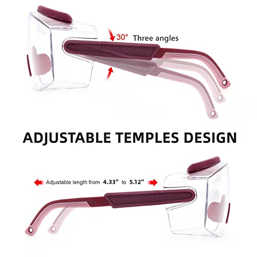 UKNOW Safety Goggles Over Glasses, Anti Fog Safety Glasses with Clear Wraparound Lens, ANSI Z87.1 Protective Eyewear - color: Burgundy