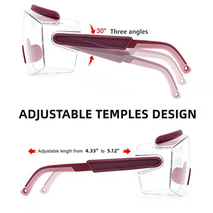 UKNOW Safety Goggles Over Glasses, Anti Fog Safety Glasses with Clear Wraparound Lens, ANSI Z87.1 Protective Eyewear - color: Burgundy