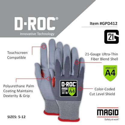 MAGID ROC 21G Ultra-Thin Polyurethane ANSI A4 Coated Work Glove, 72 Pair, Size 9/L, GPD412 - color: Gray Polyurethane, size: 9/Large, style: 72 Pair