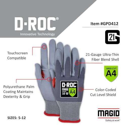 MAGID ROC 21G Ultra-Thin Polyurethane ANSI A4 Coated Work Glove, 12 Pair, Size 9/L, GPD412 - color: Gray Polyurethane, size: 9/Large, style: 12 Pair