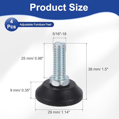 uxcell 5/16"-18 Thread Furniture Feet Levelers, 4Pcs 25mm l Adjustable Furniture Feet Screw in Threaded Leveling Leg Screw on Chair Foot Glides Leveling for Table Chair Cabinet Black - size: 5/16"-18 25mm