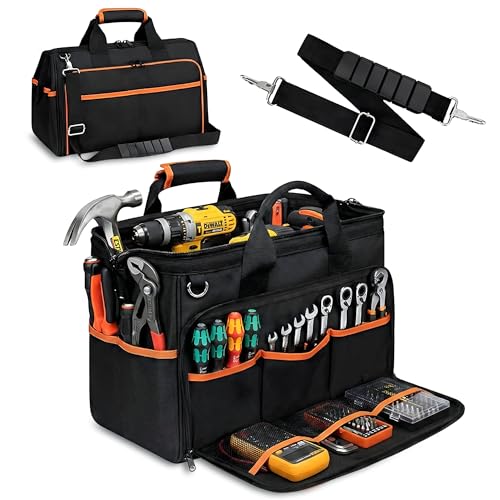 Electrician Tool Bag, 26-Pocket, 17-Inch, Potable Tool Box Organizer with Wide Mouth Opening & Padded Shoulder Strap, Water Resistant Heavy Duty Bag for Mechanics, Contractors, Plumber & Craftsmen