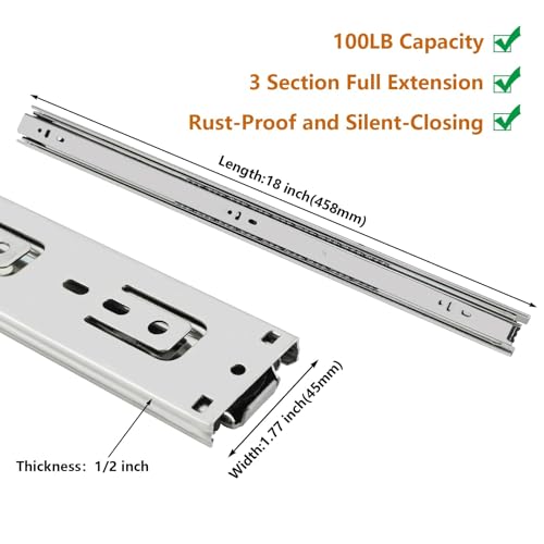 LONTAN Full Extension Ball Bearing Drawer Slides 8 10 12 14 16 18 20 22 24 Inch Heavy Duty Side Mount File Cabinet Rails Dresser Runner Kitchen Drawer Glides 100 LB Capacity (18 inch,10 Pairs) - color: Silver, size: 18 Inch - Drawer Slide