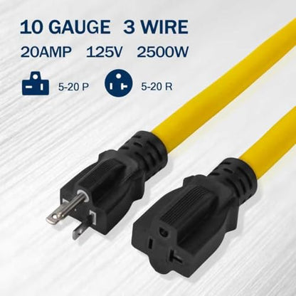 EP 25 Ft 10 Gauge Outdoor Extension Cord with T-Blade Plug, Heavy Duty NEMA 5-20 P/R Power Cord, 20A 250V 10/3 STW Cable for Lawn, Garden, Appliance, Yellow - size: 25ft