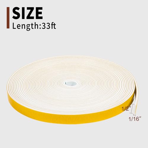 Yotache White Thin Weather Stripping 1/2" x1/16, Foam Gasket Seal Tape for Window, Sliding Door Jamb, Speaker, Dashboard, Total 33 Feet Long - size: 1/2"x1/16"x33FT
