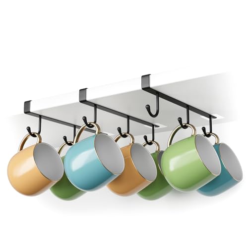 ECROCY Coffee Mug Holder Under Shelf, 3pcs Coffee Cup Holder Only Fits Flat Shelf Without Any Lip, Clip-On Mug Hooks No Drilling Free Damage - color: Black