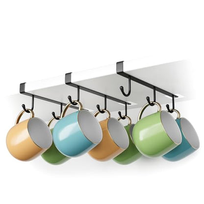 ECROCY Coffee Mug Holder Under Shelf, 3pcs Coffee Cup Holder Only Fits Flat Shelf Without Any Lip, Clip-On Mug Hooks No Drilling Free Damage - color: Black