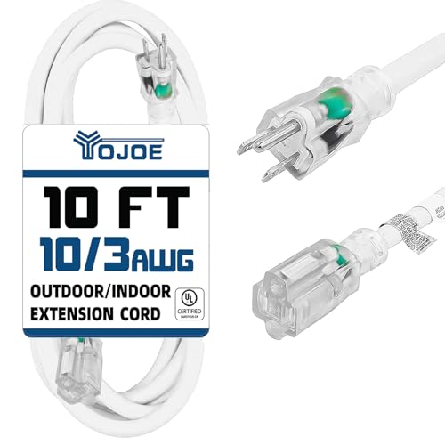 YOJOE Indoor Outdoor Extension Cord with Lighted End, 3 Prong 15A Weatherproof Power Cord, 10 Gauge Heavy Duty 10 ft White Extension Cord for Garage, Garden and Home, 10/3 SJTW UL Listed - color: White, size: 10 Foot