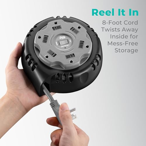 KMC 6-Outlet Surge Twist Cord Reel Retractable Power Strip Surge Protector, 1085J Surge Protection, 8ft 14/3 Retractable Extension Cord, 3-Prong Low-Profile Flat Plug, UL/ETL Certified, Gray