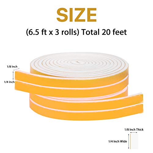 Foam Weather Stripping-4 Rolls, 1/4 Inch Wide X 1/8 Inch Thick Total 52 Feet Long, Adhesive Door Weatherstrip Foam Insulation for Windows(13ft x 4 Rolls) - size: 1/4" (W) x 1/8" (T) x 52' (L)