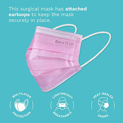 DEMETECH ASTM Level 3 Protective 3-Layer Face Mask, Ear-Loop Style, Adult Mask - color: Pink - 50 Pack