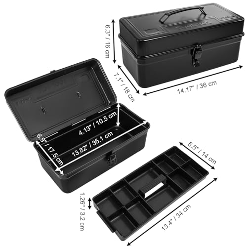 Tosnail Metal Tool Box, 14" Portable Empty Toolbox with Handle, Latch Closure and Removable Divided Storage Tray, Heavy Duty Craftsman Tools Organizer, Black