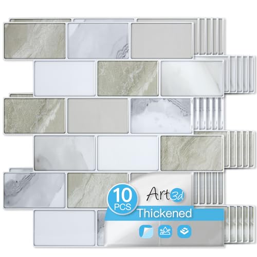 Art3d Peel and Stick Beige & White Wall Tiles – 12"x12" Thickened Design Backsplash, Self-Adhesive Tile for Kitchen & Bathroom Decor - color: Beige & White