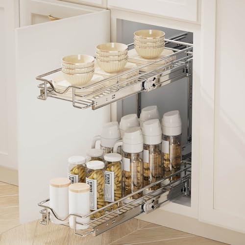 OCG 2 Tier Pull Out Cabinet Organizer (7.5" W x 21.5" D), Pull Out Drawers for Kitchen Cabinets, Pull Out Shelves for Base Cabinet Organization in Kitchen Bathroom Pantry, Chrome Finish - size: 7.5"w X 21.5"d, 2 Tier