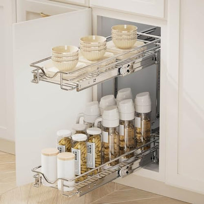 OCG 2 Tier Pull Out Cabinet Organizer (7.5" W x 21.5" D), Pull Out Drawers for Kitchen Cabinets, Pull Out Shelves for Base Cabinet Organization in Kitchen Bathroom Pantry, Chrome Finish - size: 7.5"w X 21.5"d, 2 Tier