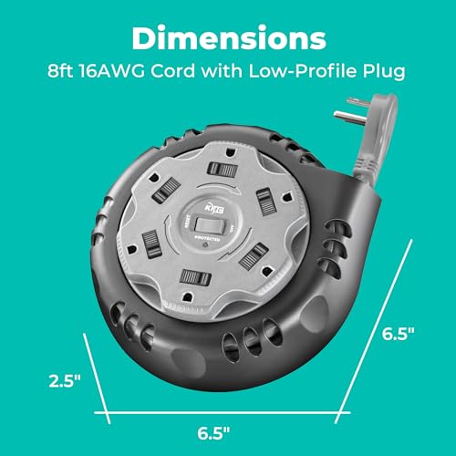 KMC 6-Outlet Surge Twist Cord Reel Retractable Power Strip Surge Protector, 1085J Surge Protection, 8ft 14/3 Retractable Extension Cord, 3-Prong Low-Profile Flat Plug, UL/ETL Certified, Gray