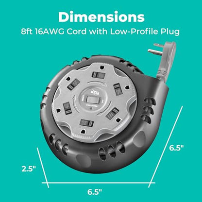 KMC 6-Outlet Surge Twist Cord Reel Retractable Power Strip Surge Protector, 1085J Surge Protection, 8ft 14/3 Retractable Extension Cord, 3-Prong Low-Profile Flat Plug, UL/ETL Certified, Gray