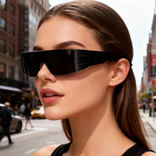 2 Pcs Futuristic Wrap Around Sunglasses Y2K Fashion Trendy Rimless Glasses Punk Eyewear for Women Men - color: Black+silver