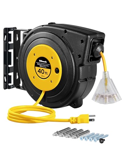 Retractable Extension Cord Reel, 40 FT Heavy Duty Power Cord, 12AWG/3C SJTOW, 3 Grounded Outlets Lighted Triple Tap, 15 Amp Circuit Breaker, UL Listed, Yellow Y40CR06 - color: Yellow