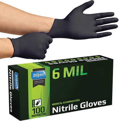 Inspire Black Nitrile Gloves HEAVY DUTY 6 Mil Nitrile Chemical Resistant Medical Cooking Cleaning Disposable Black Gloves - size: XXL, style: Black 6mil Box of 100