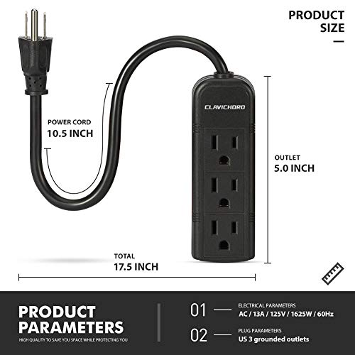 Power Strip with Flat Plug - 3 Ground Sockets 7 Inch Heavy Duty Braided Extension Cord Flat Plug Mountable Socket Strip for Computer/Home/Office