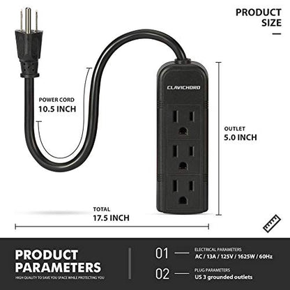 Power Strip with Flat Plug - 3 Ground Sockets 7 Inch Heavy Duty Braided Extension Cord Flat Plug Mountable Socket Strip for Computer/Home/Office