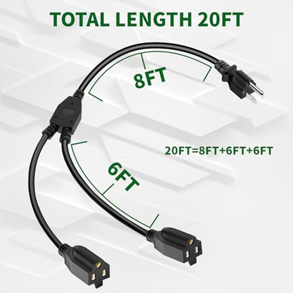 2 Way Power Extension Cord Splitter 20 Ft Total (8+6+6)-3 Prong 1 to 2 Extension Cord Cable Y Splitter-Outlet Adatper-SJTW Outdoor for Halloween Christmas Lighting Landscaping-16AWG 13A 125V-UL-1T2 - size: 20 FT