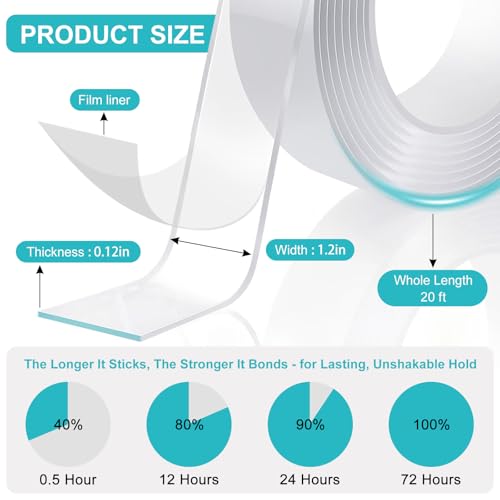 P7yaumy Double Sided Tape Heavy Duty 1.2in×20ft, Nano Tape Double Sided, Removable Traceless Two Sided Adhesive Tape, Clear Mounting Tape Double Sided Tape for Walls, Hanging Picture,Poster,Carpet - size: 1.2in×20feet